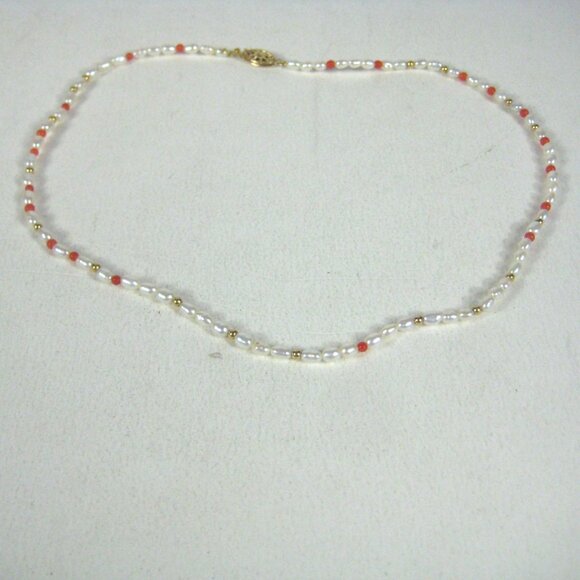 Freshwater Pearl Coral Delicate Gold Tone Bead Necklace 17 in Choker Minimalist - Picture 9 of 11